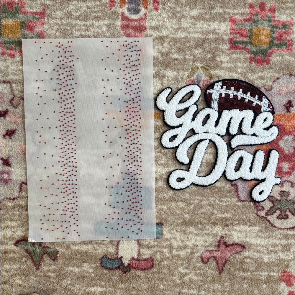 Game Day Patch with Football Design and red rhinestone sleeve transfer